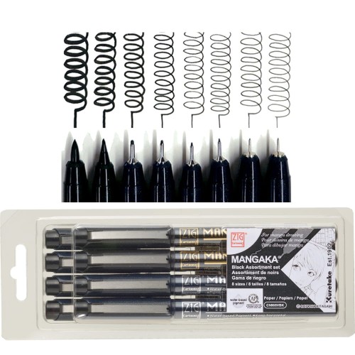 Kuretake Mangaka Zestaw czarny BLACK 8szt. CNM-8VBK opakowanie i linie.jpg