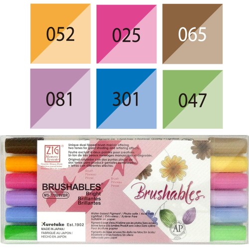 Kuretake Brushables Zestaw 6szt. BRIGHT MS-7700-6VBR opakowanie i kolory.jpg