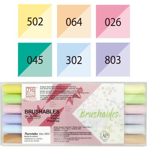 Kuretake Brushables Zestaw 6szt. PASTEL MS-7700-6VPA opakowanie i kolory.jpg