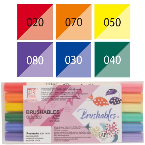 Kuretake Brushables Zestaw 6szt. VIVID MS-7700-6VVI opakowanie i kolory.jpg