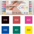 Kuretake ZIG Calligraphy II pigmentowe 2mm & 3,5mm Zestaw 6 kolorów MS-3500-6V opakownie i kolory.jpg