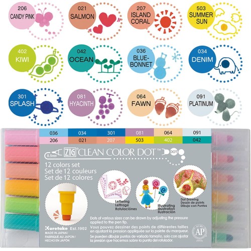 Kuretake Clean Color Dot dwie końcówki Zestaw 12 kolorów opakowanie i wzornik.jpg