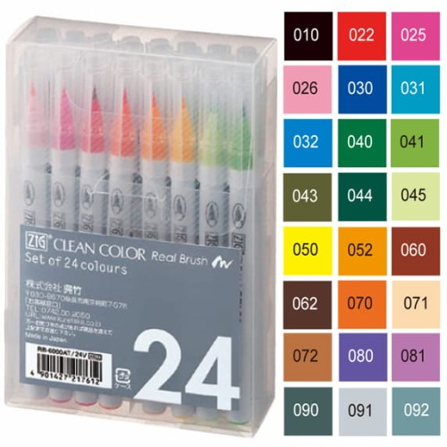 Kuretake Zig Clean Color Real Brush Zestaw 24 kolory opakowanie i kolory.jpg