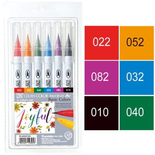 Kuretake Zig Clean Color Real Brush Basic Colors Zestaw 6 kolorów RB-6000AT-6VA opakowanie joyful i kolory.jpg