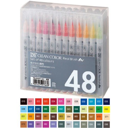 Kuretake Zig Clean Color Real Brush Zestaw 48 kolorów szare opakowanie i wzornik.jpg